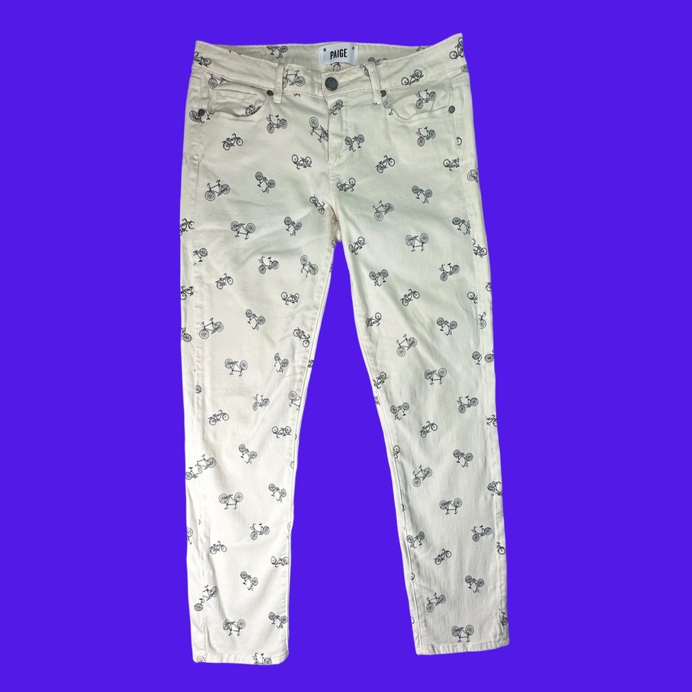Paige Kylie Crop Bicycle Print Slim Jeans Novelty Indie Cream Size 28 Parisian